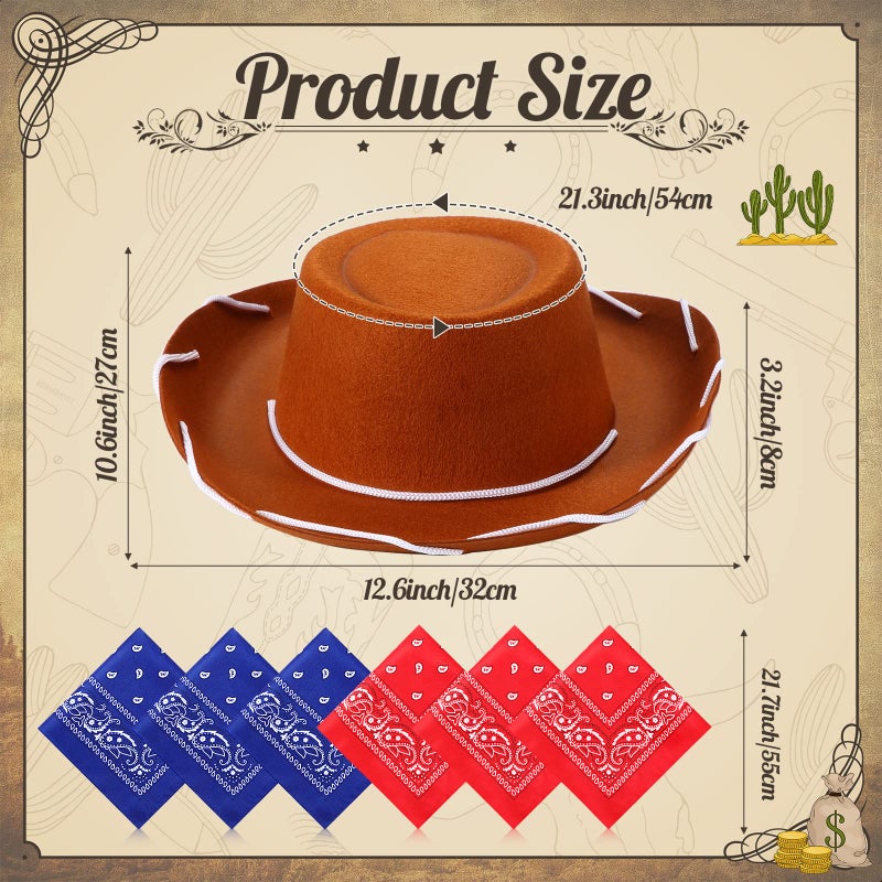 Coume 24 Pieces Cowboy Hats and Bandanas for Kids Western Cowboy Costume Hat Accessories for Toddler Child Western Theme Birthday Party Supplies Halloween Costume Dress(Brown  Red) - Image 2